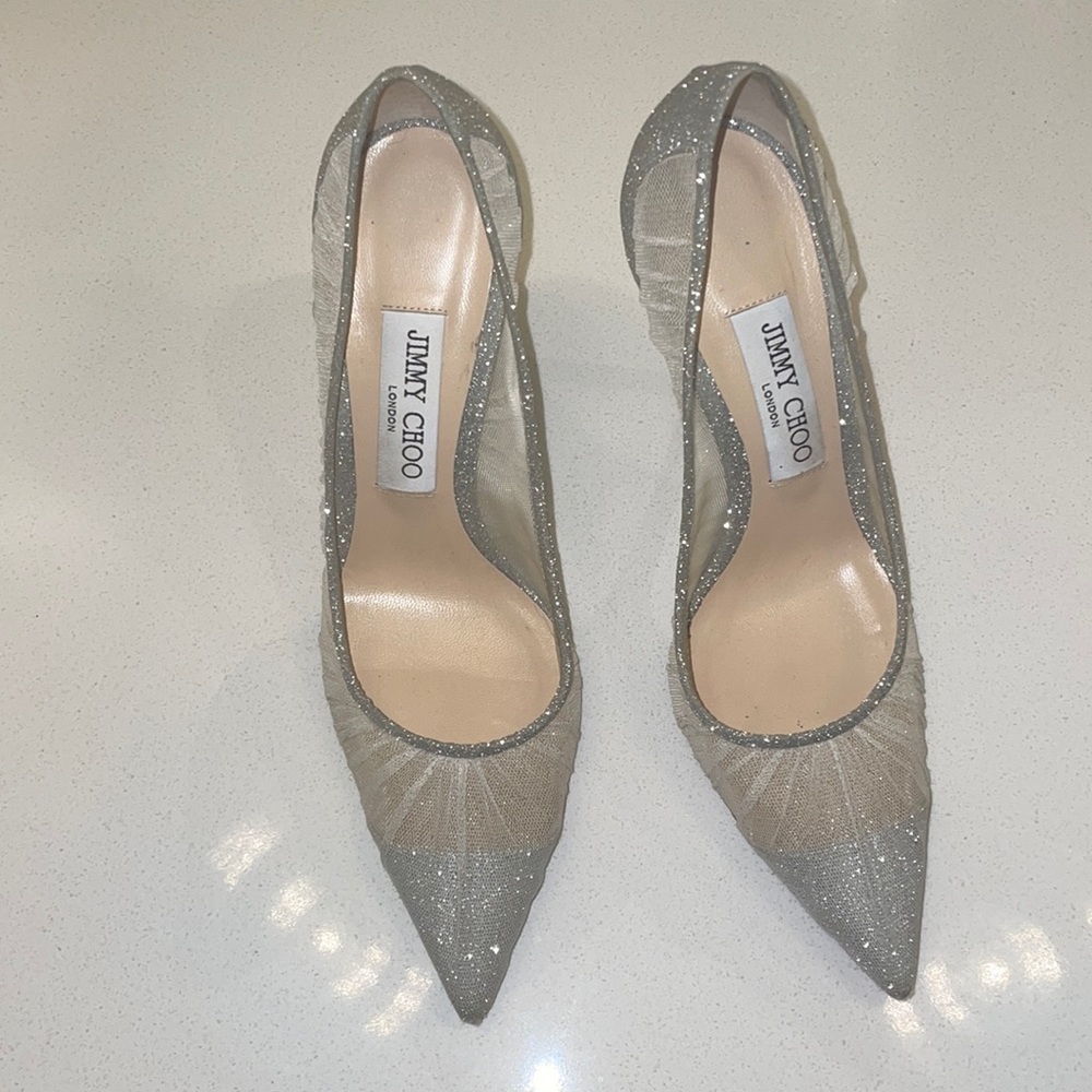 Jimmy Choo Love 85  metallic silver glitter with ivory tulle overlay size 38